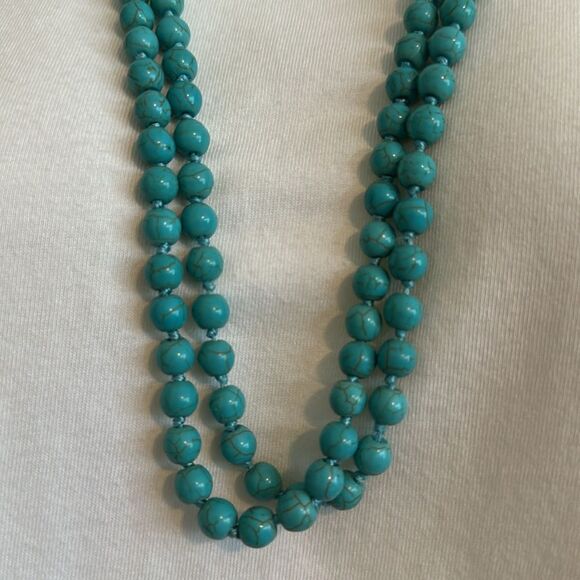 Very Long Turquoise Look Stone Beaded Necklace - Picture 2 of 3